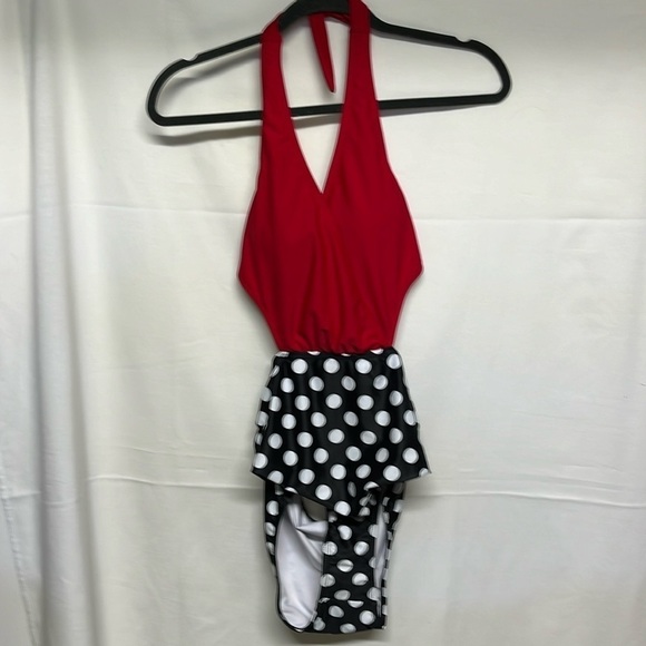 Swimsuit One Piece Bathing Suit Red , Black White Polka Dots - Picture 1 of 11